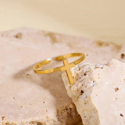 GOLDEN STEEL CROSS OPEN RING
