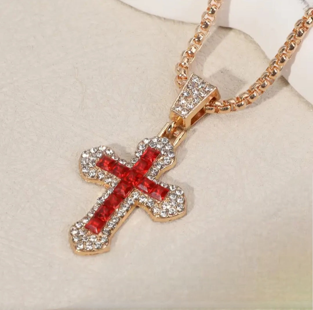 RED RINGSTONE CROSS NECKLACE