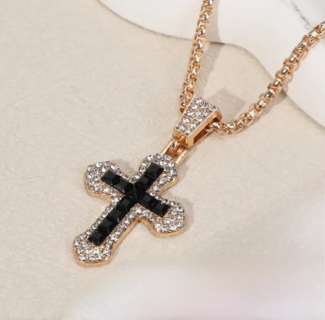 BLACK REINSTONE CROSS NECKLACE