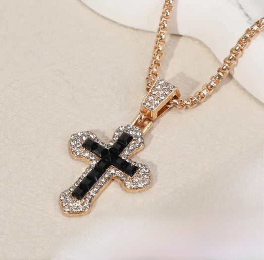 BLACK REINSTONE CROSS NECKLACE