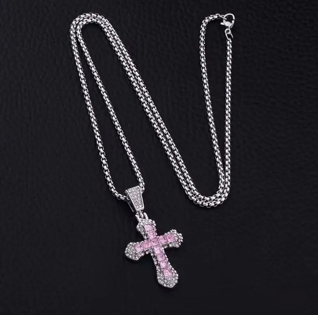 PINK RINGSTONE CROSS NECKLACE