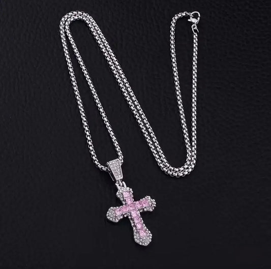 PINK RINGSTONE CROSS NECKLACE