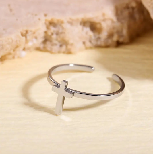 SILVER STEEL OPEN CROSS RING