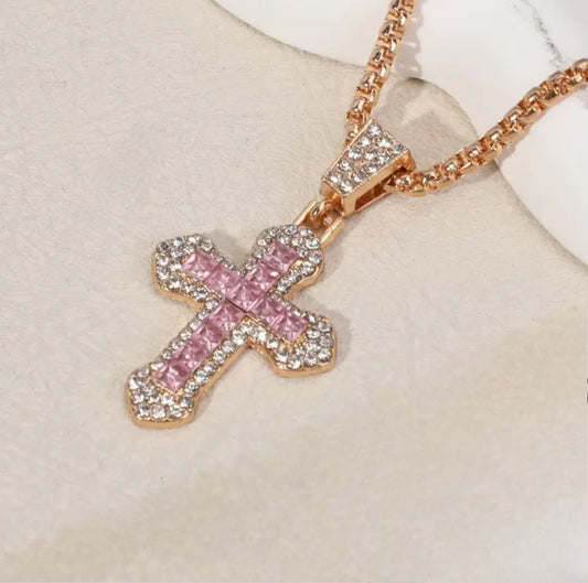PINK RINGSTONE CROSS NECKLACE