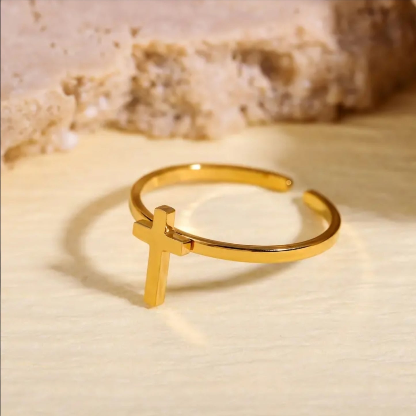 GOLDEN STEEL CROSS OPEN RING