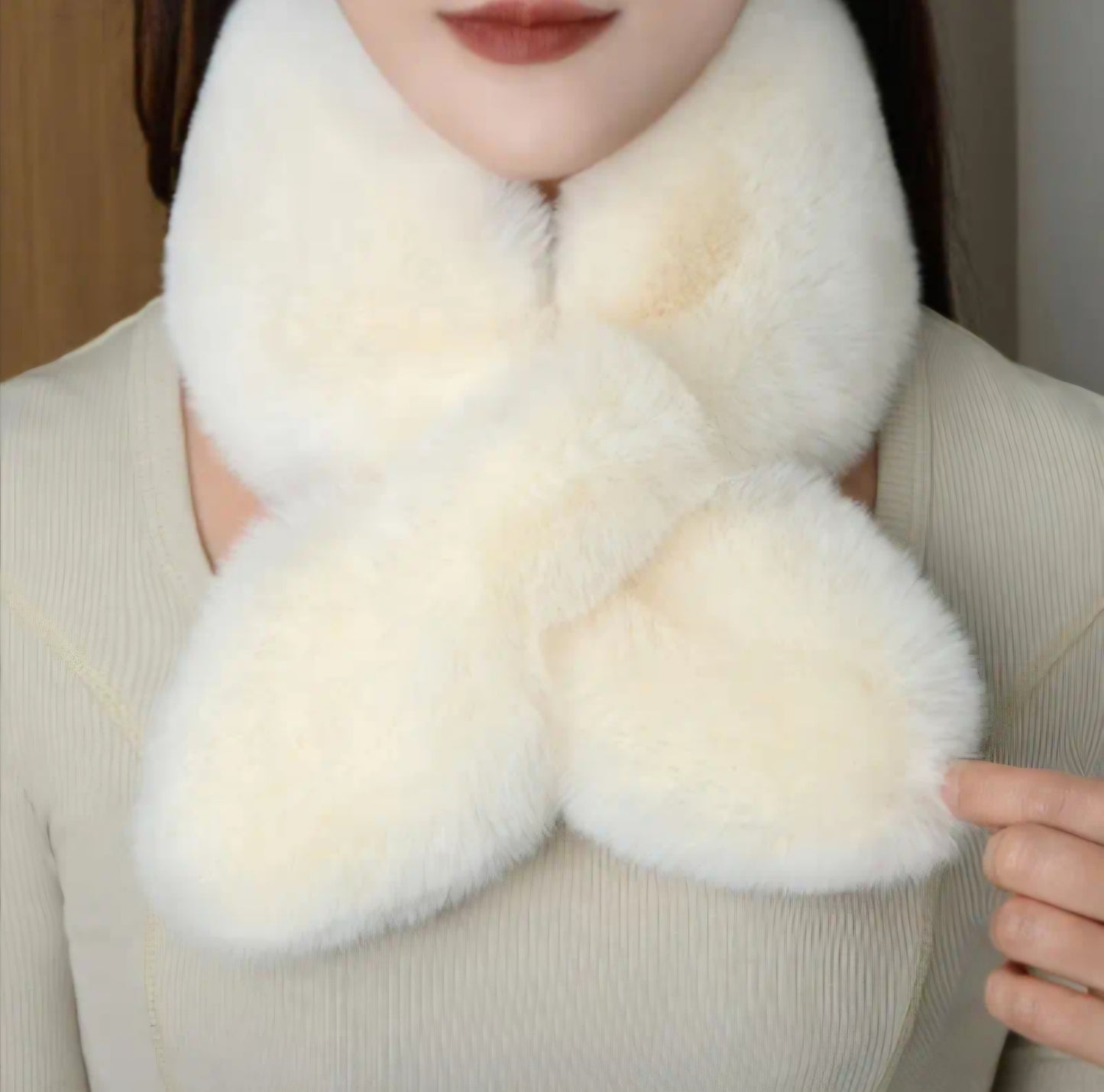LIGHT-BEIGE PLUSH SCALF-NECK WARMER