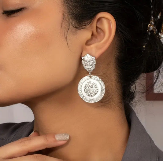 SILVER LION HEAD EARRINGS