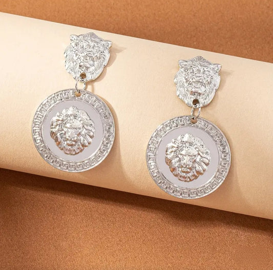 SILVER LION HEAD EARRINGS